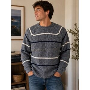 Oakton Limited Mens XL Vintage Marled‎ Knit Striped Crewneck Sweater Grey Navy